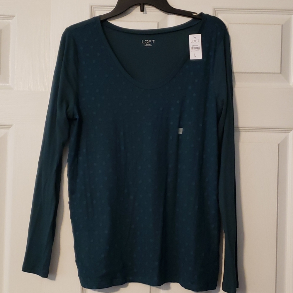 LOFT Green Long Sleeve w/ Polka Dot Sheer overlay
